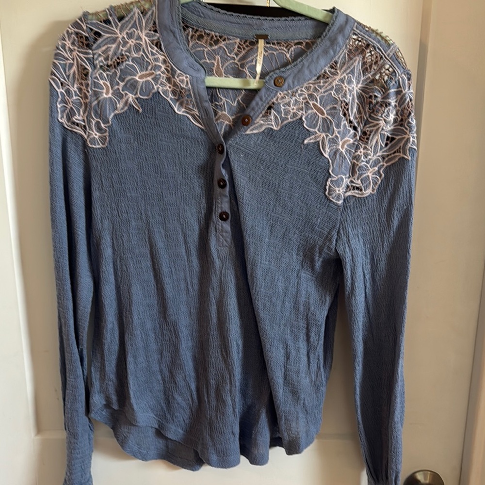Free People Blue Embellished Buttoned Polo Blouse
